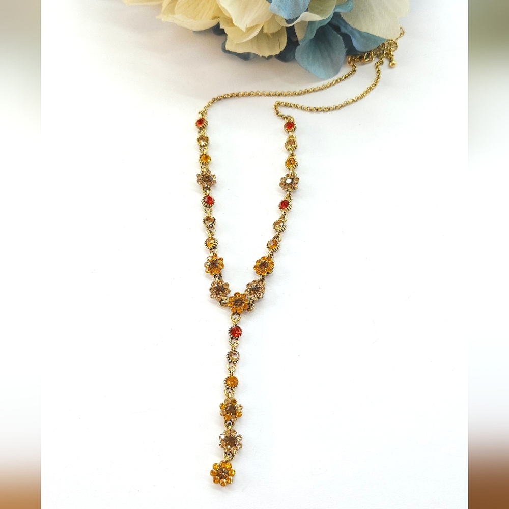 Gold-Tone Floral Drop Necklace with Amber and Red Stones